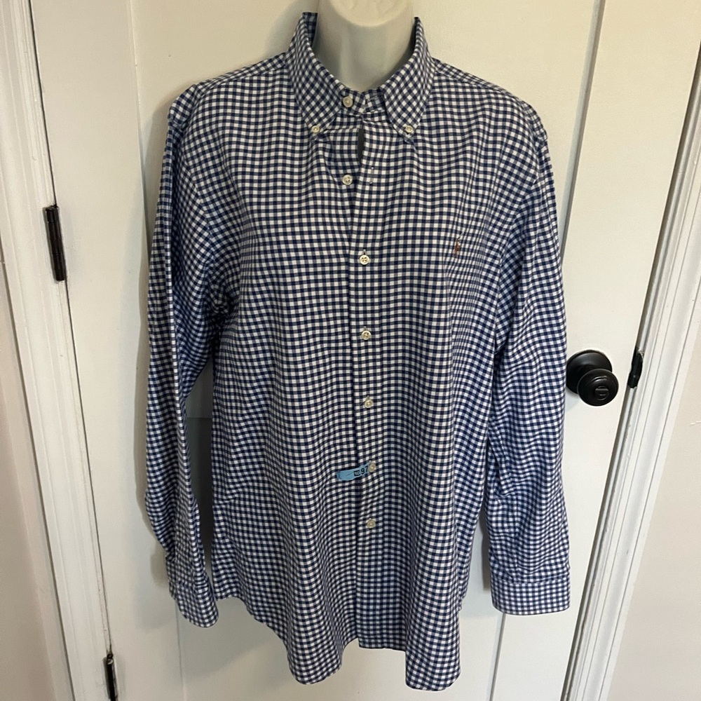 Men’s Ralph Lauren blue and white checked button down oxford - size large